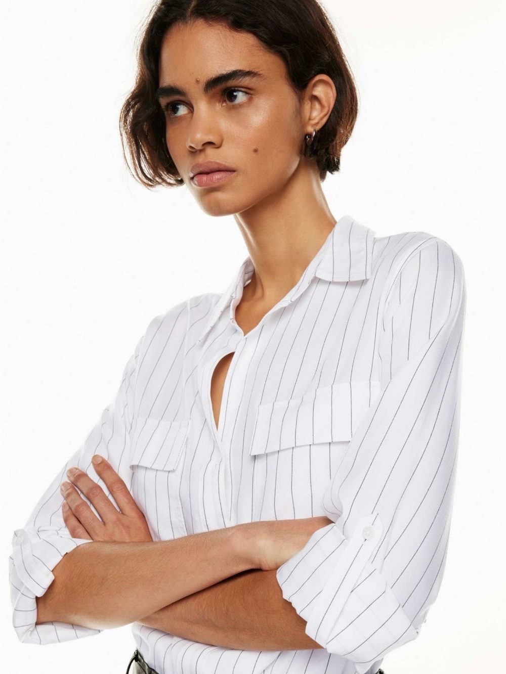 Aritzia Babaton Utility Button-Up Shirt – White/Navy Pinstripe – Size XL